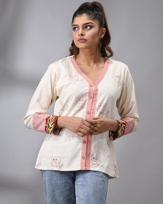 Owl Kantha - Hand Embroidery Full Sleeve "V" Neck Summer Jacket Regular fit 100% Cotton for Women