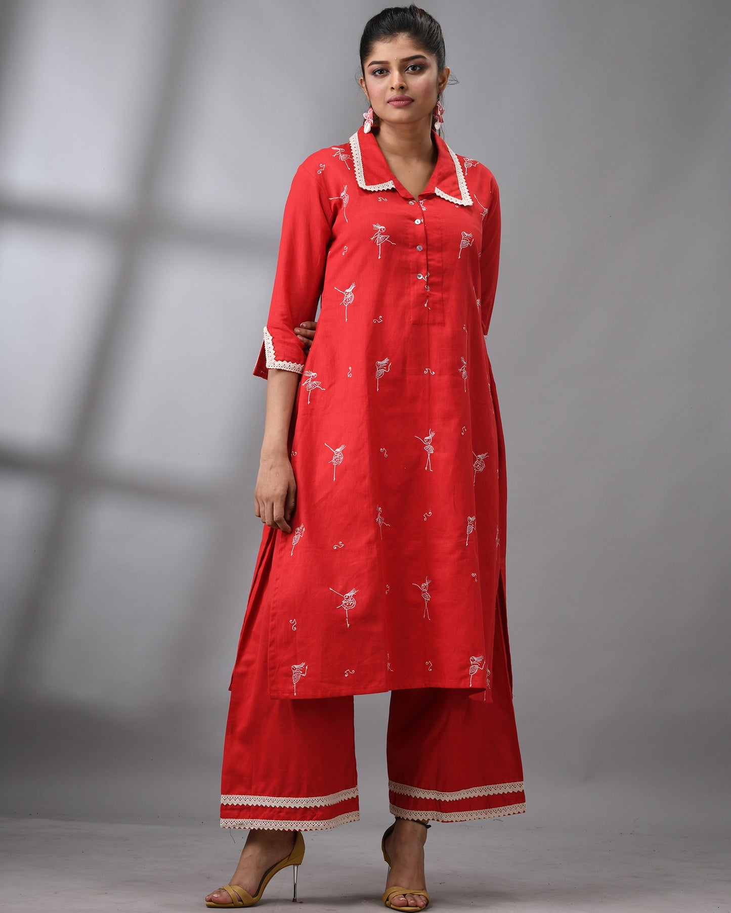 Dancing Girl - khadi Red Thread Embroidery Three-Quarter Sleeve Regular Collar Co-Ord Set 100% Cotton for Women