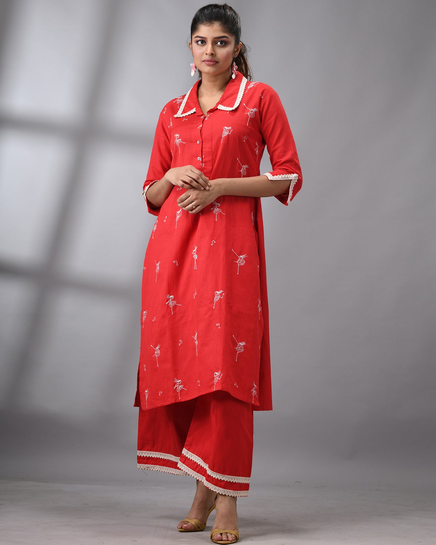 Dancing Girl - khadi Red Thread Embroidery Three-Quarter Sleeve Regular Collar Co-Ord Set 100% Cotton for Women