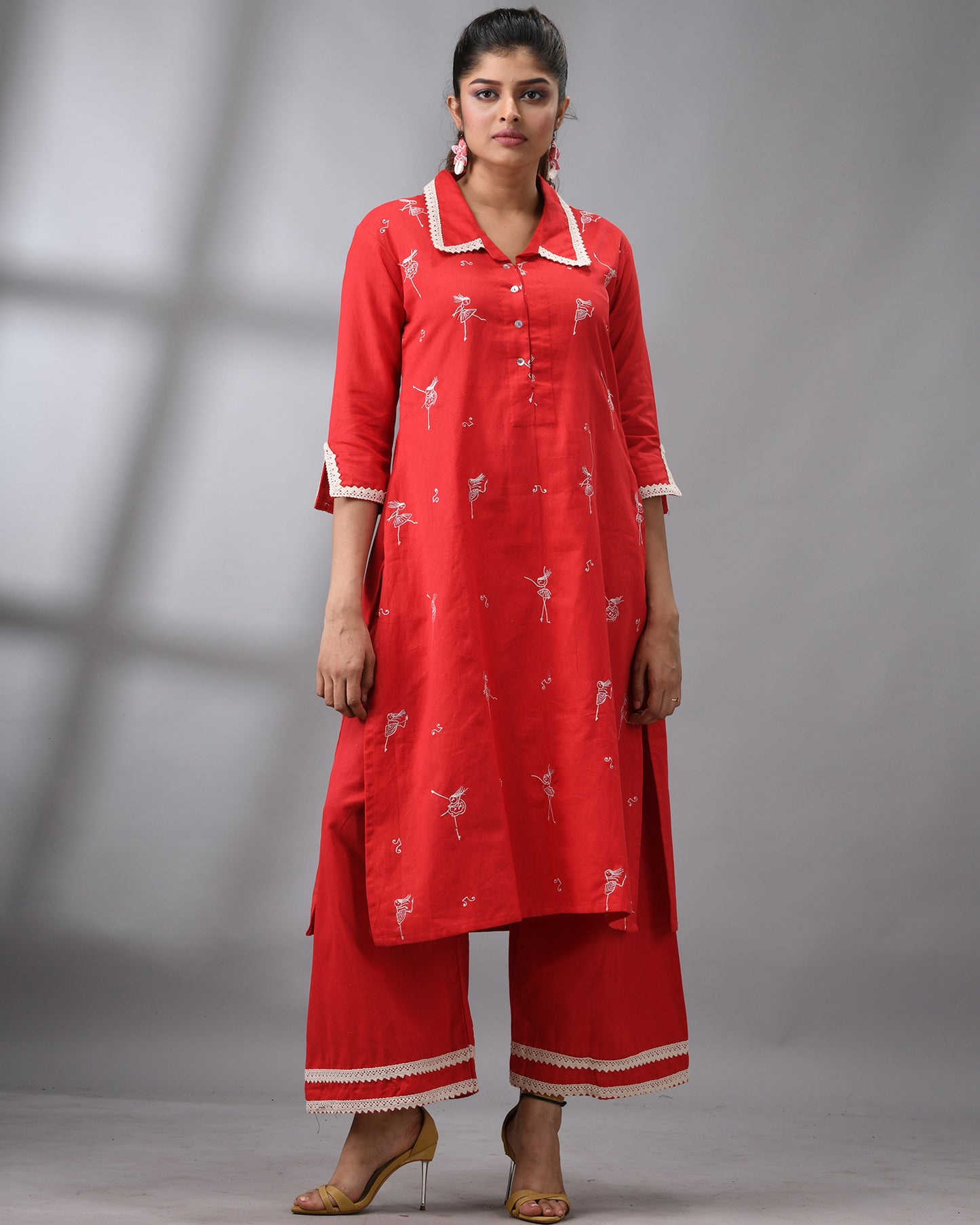 Dancing Girl - khadi Red Thread Embroidery Three-Quarter Sleeve Regular Collar Co-Ord Set 100% Cotton for Women