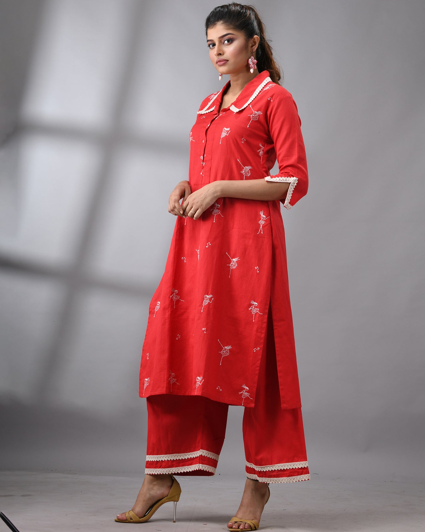 Dancing Girl - khadi Red Thread Embroidery Three-Quarter Sleeve Regular Collar Co-Ord Set 100% Cotton for Women