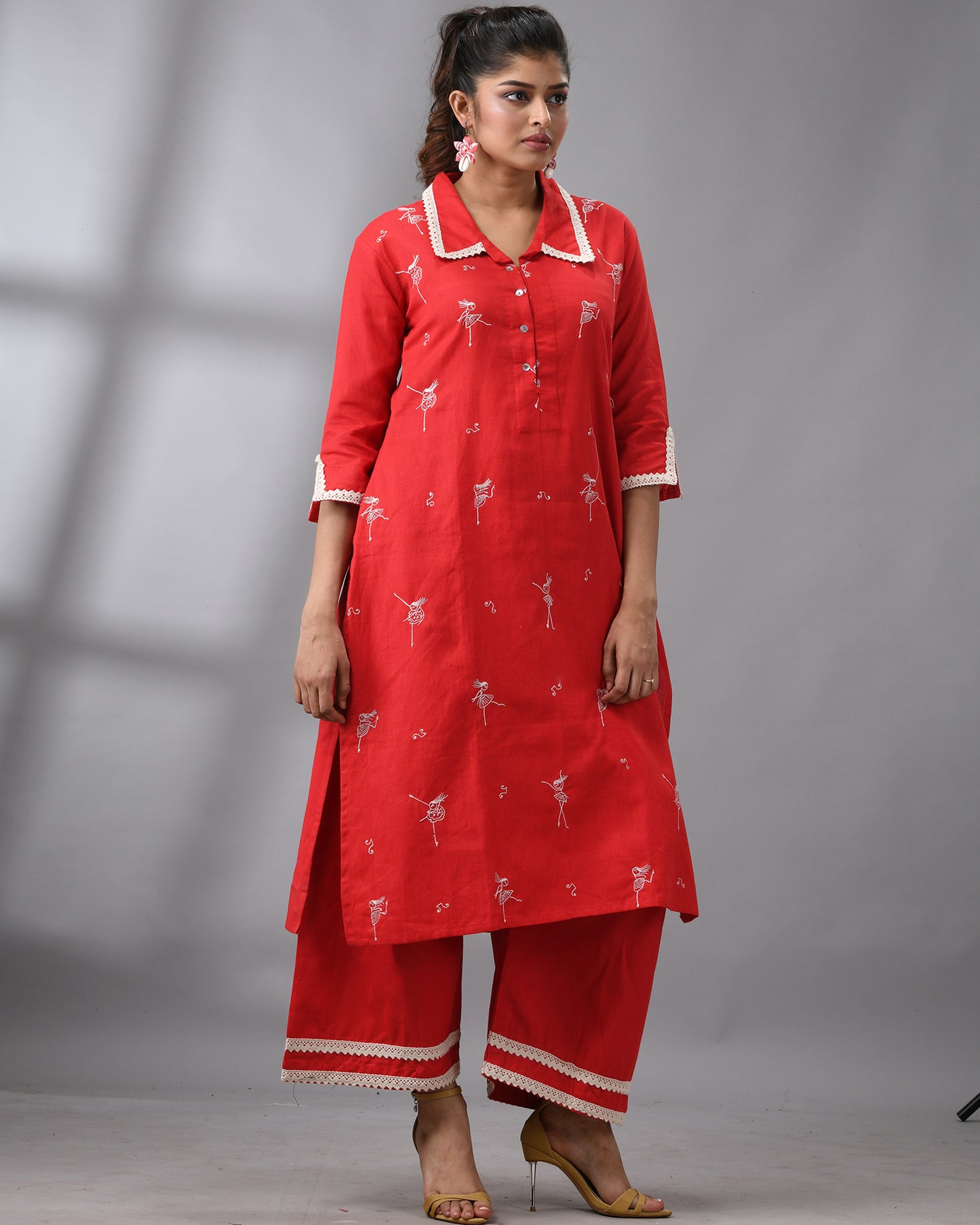 Dancing Girl - khadi Red Thread Embroidery Three-Quarter Sleeve Regular Collar Co-Ord Set 100% Cotton for Women