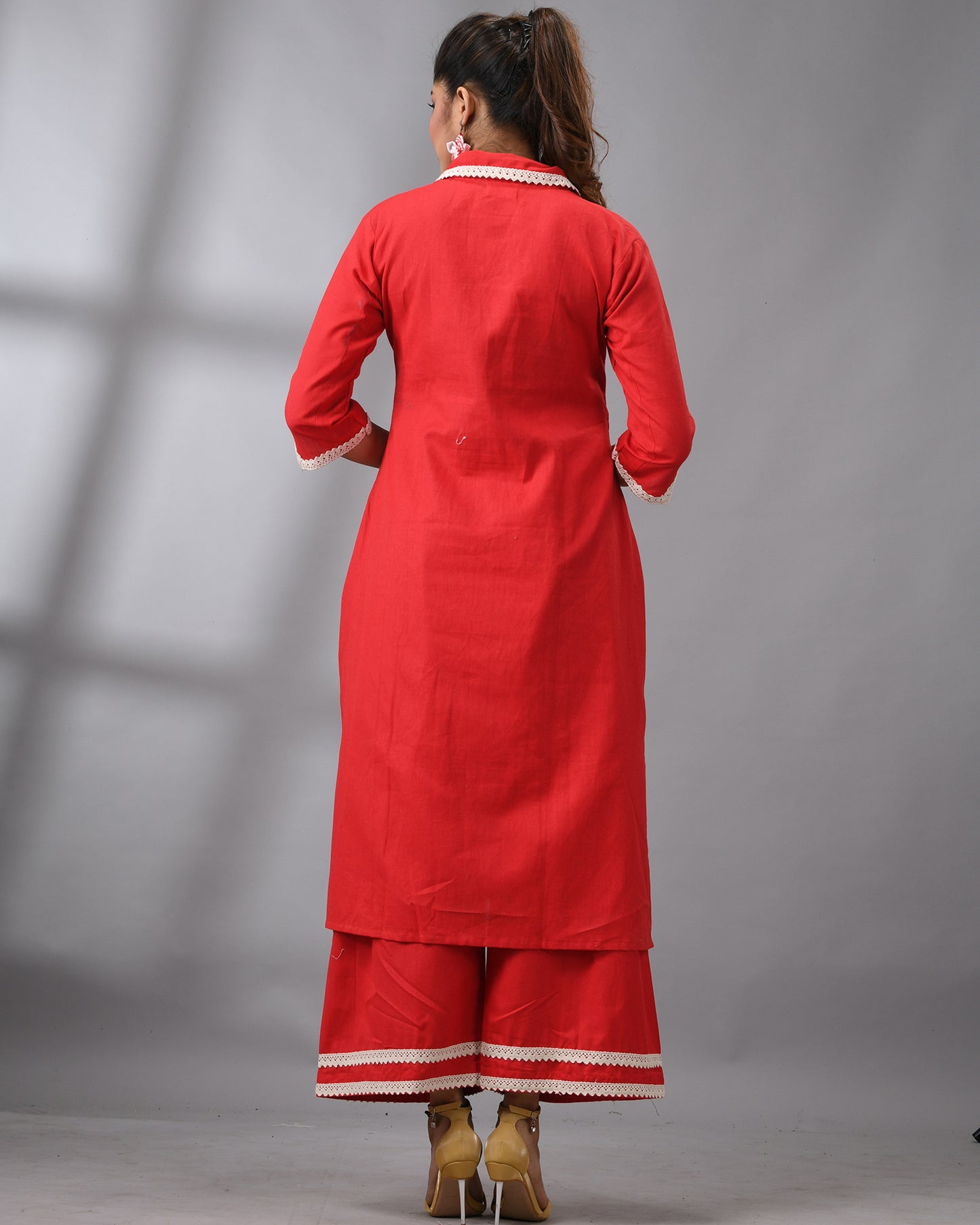 Dancing Girl - khadi Red Thread Embroidery Three-Quarter Sleeve Regular Collar Co-Ord Set 100% Cotton for Women