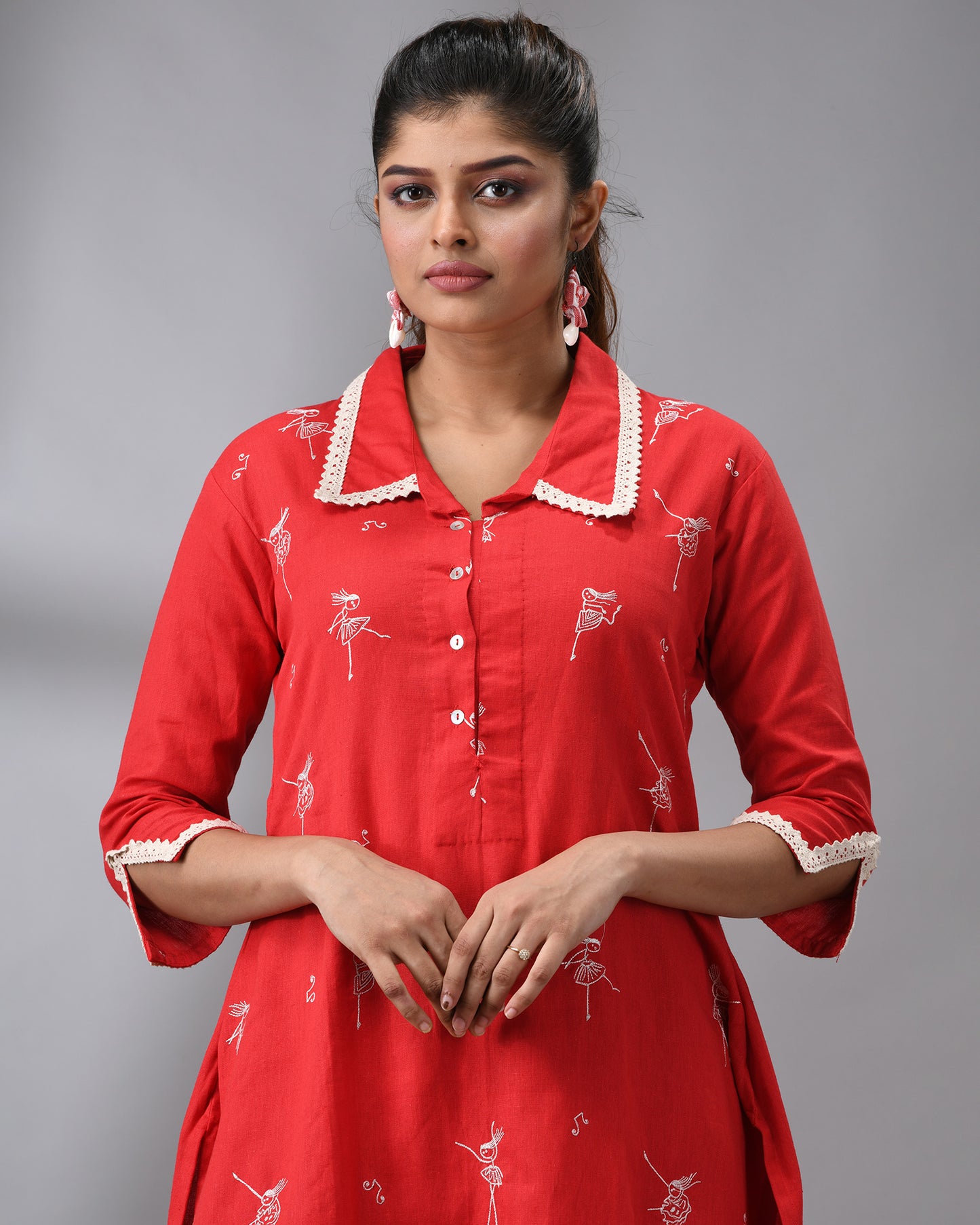 Dancing Girl - khadi Red Thread Embroidery Three-Quarter Sleeve Regular Collar Co-Ord Set 100% Cotton for Women