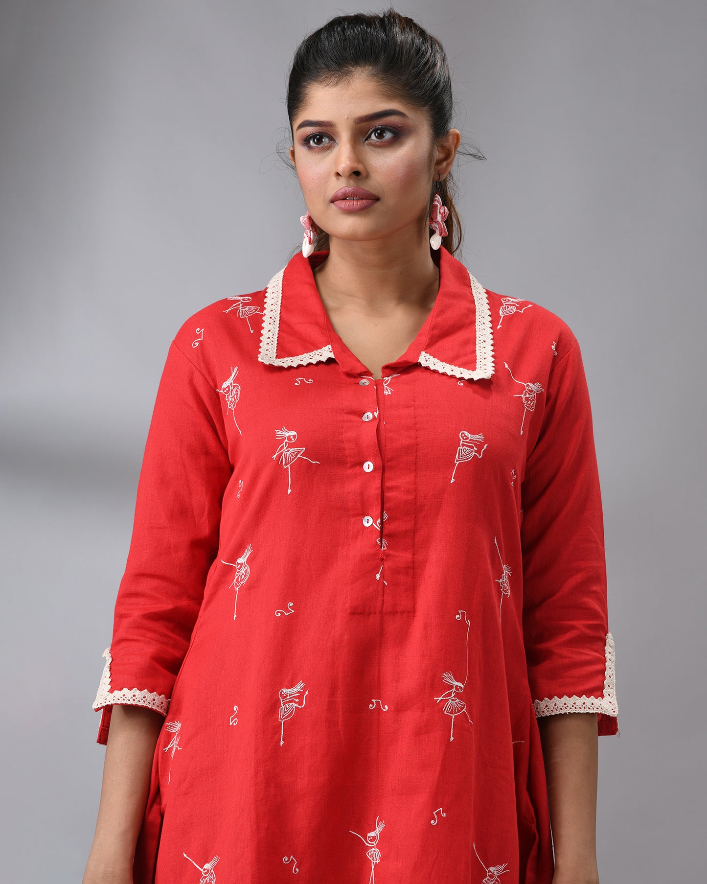 Dancing Girl - khadi Red Thread Embroidery Three-Quarter Sleeve Regular Collar Co-Ord Set 100% Cotton for Women